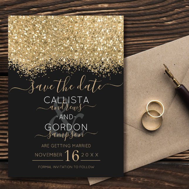 Save The Date Mariage Luxueux Moderne Paillettes Noires et Or Co (Créateur téléchargé)