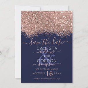 Save The Date Mariage Luxueux Rose Gold Confettis Pailletés Navy