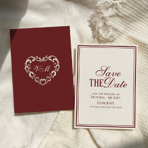 Save The Date Mariage Luxueux Vieil Argent Rouge Foncé Ivoire