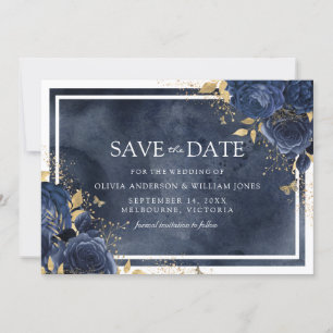 Save The Date Mariage Magique Bleu Marine Floral Aquarelle Or