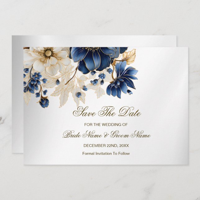 Save The Date Mariage Marine Bleu Blanc Or Floral Argent (Devant / Derrière)