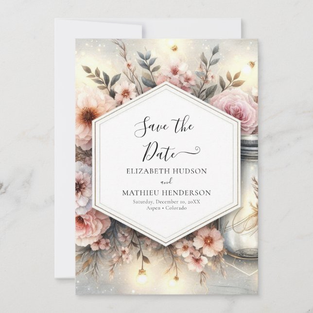 Save The Date Mariage Mason Jar en fleur d'aquarelle (Devant)