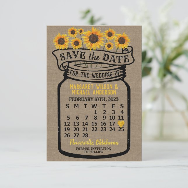 Save The Date Mariage Mason Jar Sunflower Février 2023 Calendrie (Debout devant)