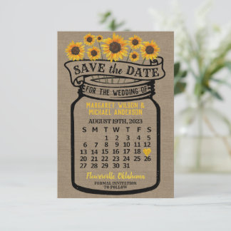 Save The Date Mariage Mason Jar Sunflowers août 2023 Calendrier