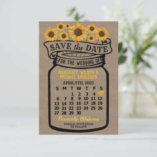Save The Date Mariage Mason Jar Sunflowers Avril 2025 Calendrier (Debout devant)