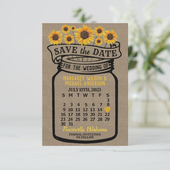 Save The Date Mariage Mason Jar Sunflowers Juillet 2023 Calendri (Debout devant)