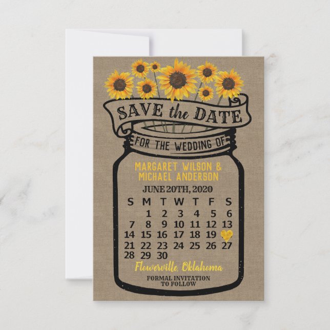 Save The Date Mariage Mason Jar Sunflowers Juin 2020 Calendrier (Devant)