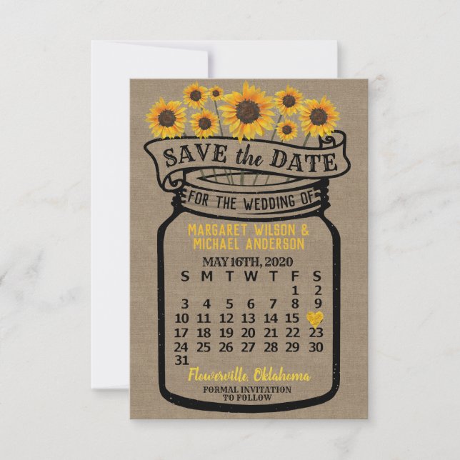 Save The Date Mariage Mason Jar Sunflowers Mai 2020 Calendrier (Devant)
