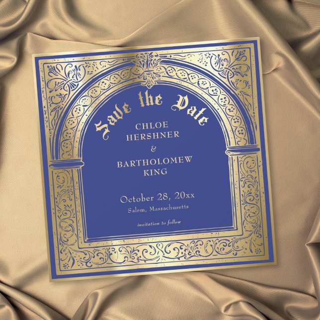 Save The Date Mariage Médiéval Or Bleu Gothique (Gothic Blue Gold Medieval Wedding Save The Date)
