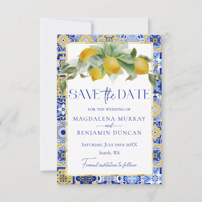 Save The Date Mariage méditerranéen italien carrelage bleu citro (Devant)