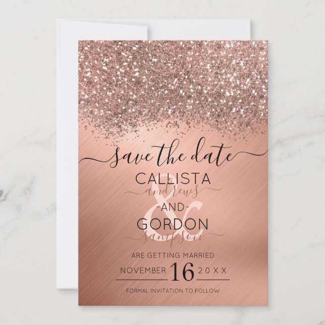 Save The Date Mariage Métallisé Confettis Paillettes Or Rose Lux (Devant)