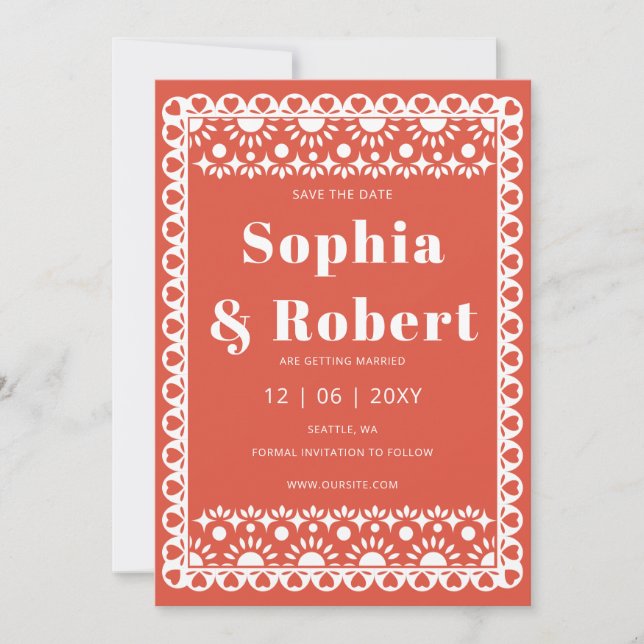Save The Date Mariage mexicain Fiesta Red Papel Picado Boho (Devant)