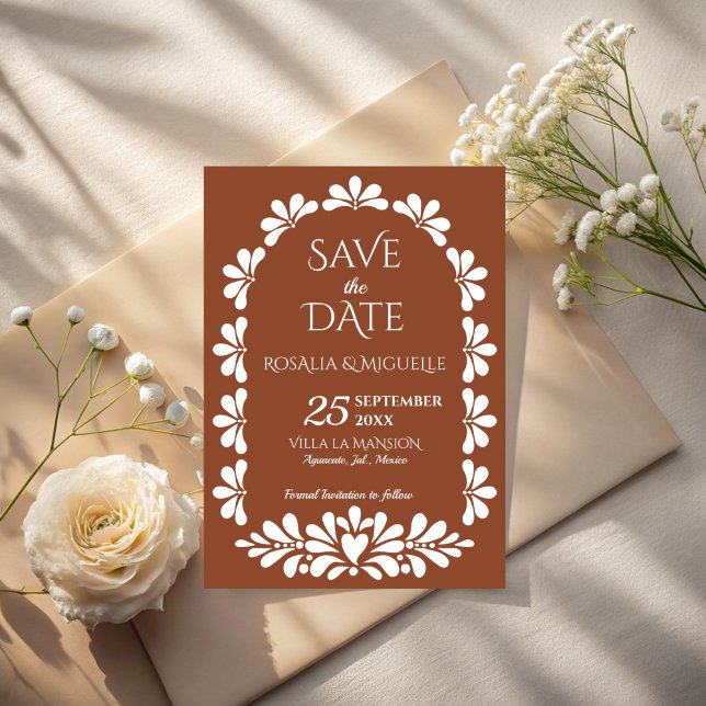 Save The Date Mariage mexicain Talavera en terre cuite (Talavera terracotta boho arch Mexican wedding Save The Date cards template instant download)