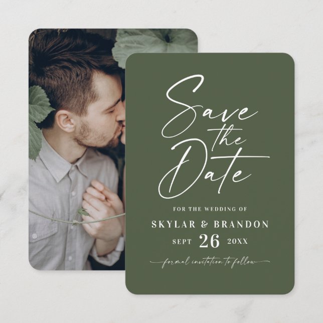 Save The Date Mariage Minimal Uni Monstera Vert Foncé (Devant / Derrière)