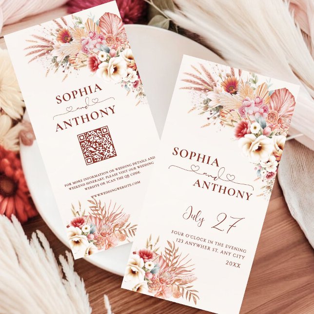 Save The Date Mariage minimaliste Boho Floral QR Code (Créateur téléchargé)