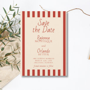 Save The Date Mariage Minimaliste Rétro aux Rayures d'Ivoire Rou