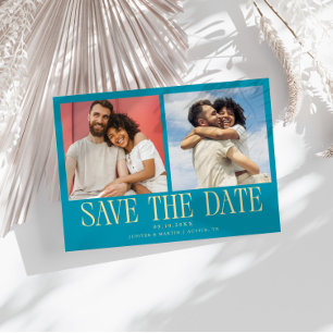 Save The Date Mariage Moderne 2-Photos Bleu Aqua