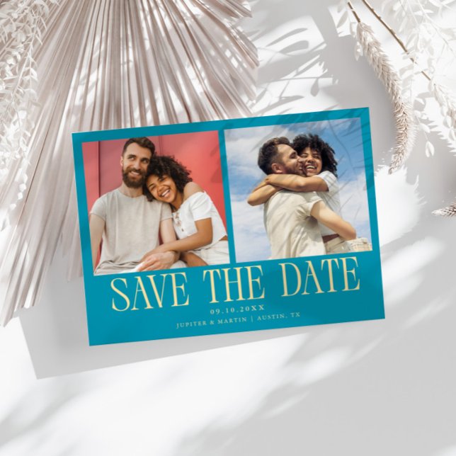 Save The Date Mariage Moderne 2-Photos Bleu Aqua (Créateur téléchargé)