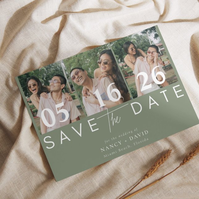 Save The Date Mariage Moderne 3 photos Collage Vert Sauge  (Créateur téléchargé)