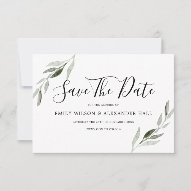 Save The Date Mariage Moderne à Feuille Verte Aquarelle (Devant)