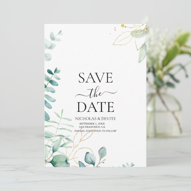 Save The Date mariage moderne à la verdure d'eucalyptus (Debout devant)