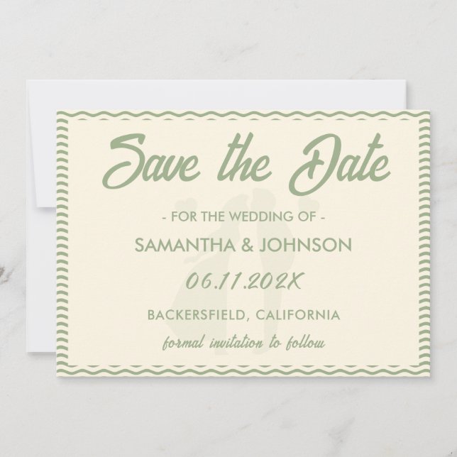 Save The Date Mariage Moderne à Rayures Ondulées Vert Sauge (Devant)