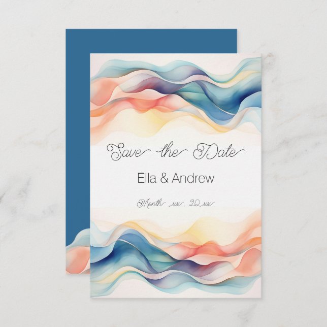 Save The Date Mariage Moderne Abstrait Vague de Couleur Bleue (Devant / Derrière)