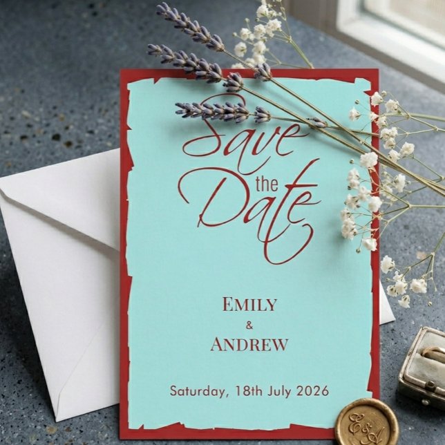 Save The Date Mariage Moderne Aqua Sarcelle et Rouge Profond (Créateur téléchargé)