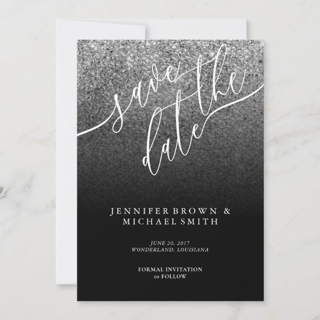 Save The Date Mariage Moderne Argent Pailleté Enregistrez la DAT (Devant)
