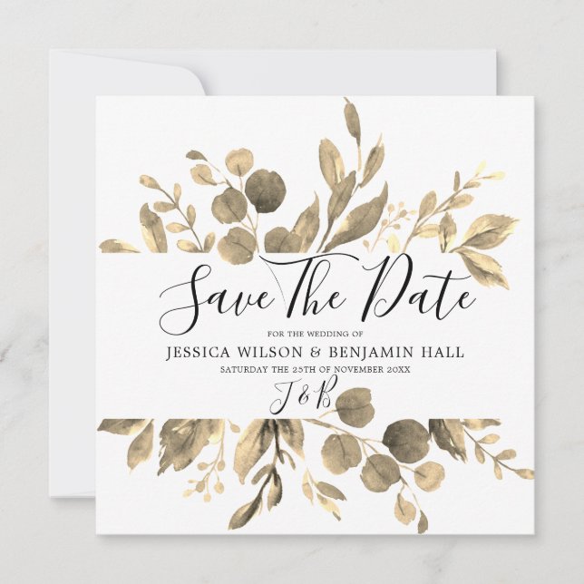 Save The Date Mariage Moderne aux Feuilles de Jardin Doré (Devant)