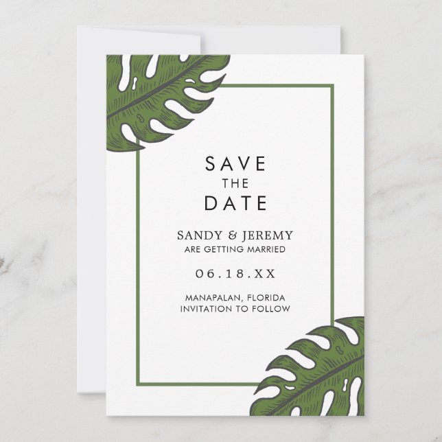 Save The Date Mariage Moderne aux Feuilles de Palmier Tropicales (Devant)