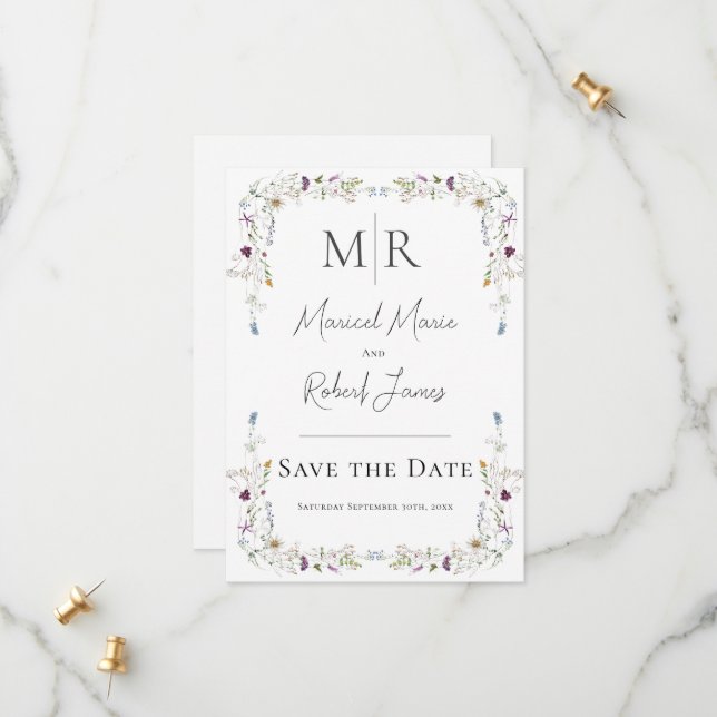 Save The Date Mariage moderne aux fleurs sauvages monogramme bla (Devant/Arrière en situation)