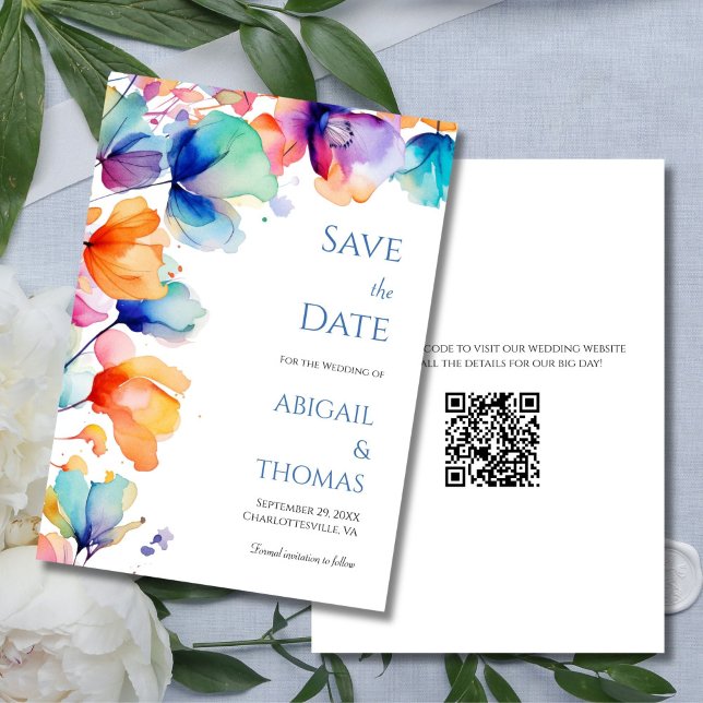 Save The Date Mariage moderne avec code QR floral aquarelle lumi (Bright Watercolor Florals, Blue Orange Purple Wedding Save the Date Card with QR code)