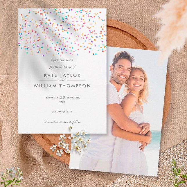Save The Date Mariage Moderne avec Confettis Arc-en-Ciel (Créateur téléchargé)