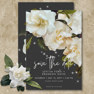 Save The Date Mariage Moderne avec Gardenias Blancs sur Fond Noi