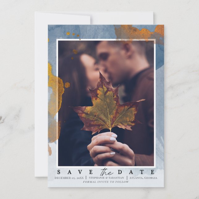 Save The Date Mariage moderne avec photo bleu poussiéreux Save t (Devant)