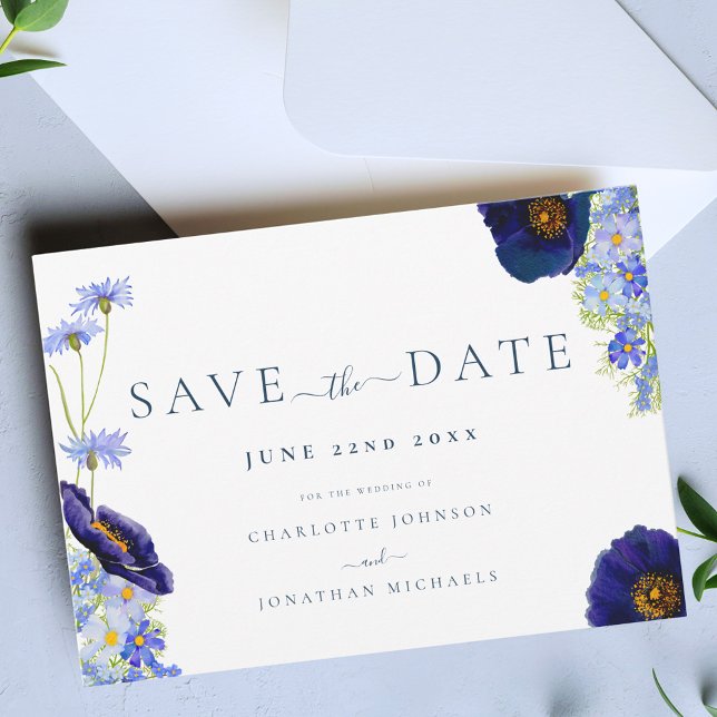 Save The Date Mariage Moderne Bleu aux Fleurs Sauvages (Elegant wildflower watercolor blue wedding save the date invitation boho Garden meadow flowers)