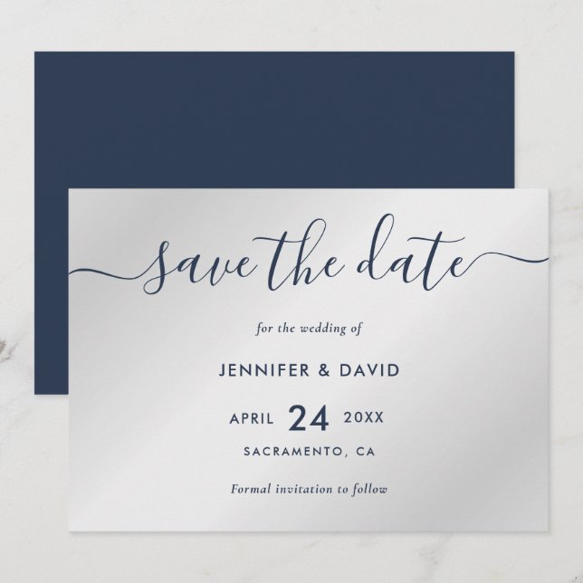 Save The Date Mariage moderne bleu marine et argent (Devant / Derrière)