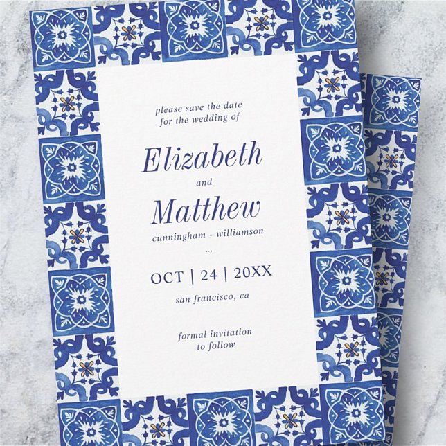 Save The Date Mariage moderne Carrelage bleu & blanc méditerrané (Créateur téléchargé)