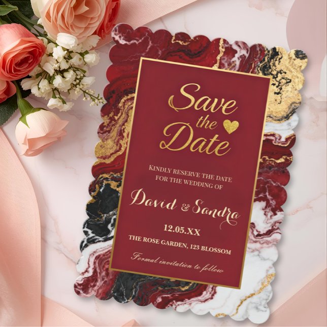 Save The Date Mariage Moderne de Marbre de Bourgogne Chic en Or  (Créateur téléchargé)