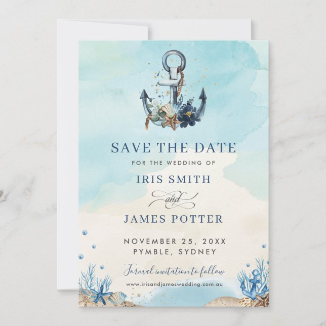 Save The Date Mariage Moderne de Plage avec Ancre Nautique Chic (Devant)