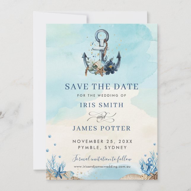 Save The Date Mariage Moderne de Plage avec Ancre Nautique Éléga (Devant)