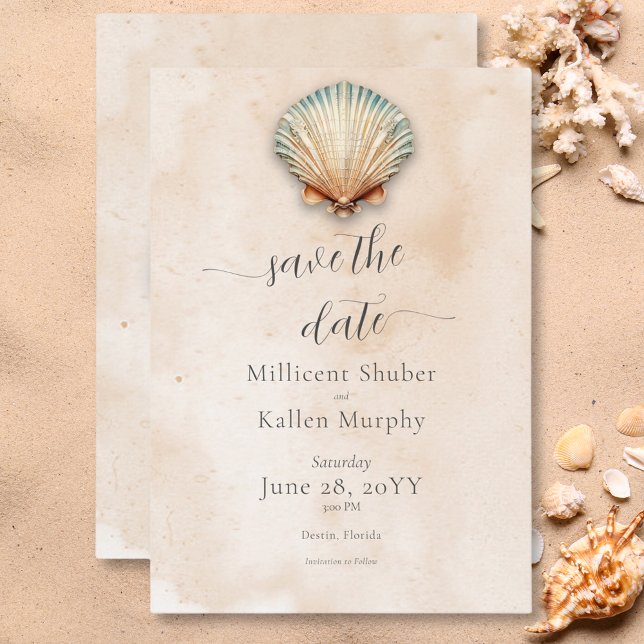 Save The Date Mariage Moderne de Sable de Coquillages Côtiers (Modern Coastal Seashell Sand Wedding Save The Date)