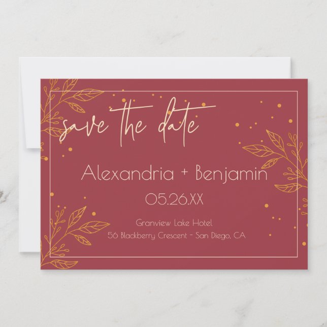 Save The Date Mariage Moderne Élégant Bourgogne & Or (Devant)