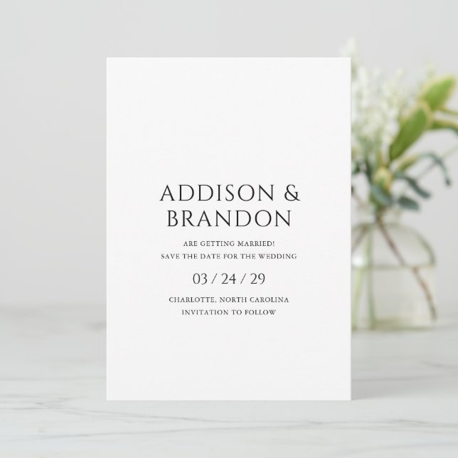 Save The Date Mariage Moderne Élégant en Noir et Blanc (Debout devant)