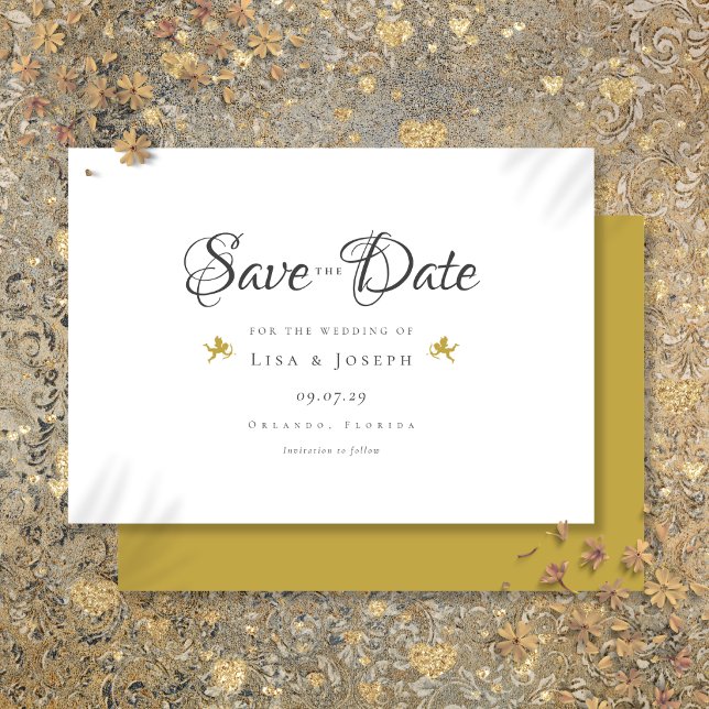 Save The Date Mariage Moderne Élégant Script Cupidons Dorés (Gold Cupids Modern Elegant Script Wedding Save The Date
)