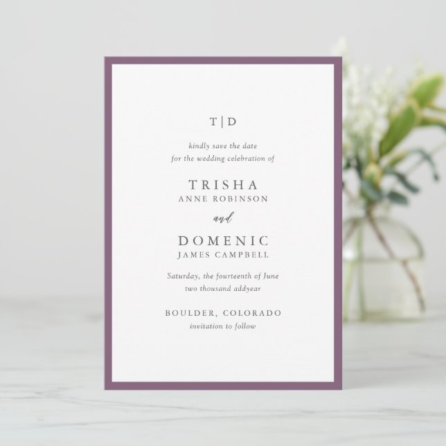 Save The Date Mariage Moderne Élégant Violet Monogramme (Debout devant)