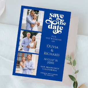 Save The Date Mariage Moderne en Collage Photo Bleu Cobalt
