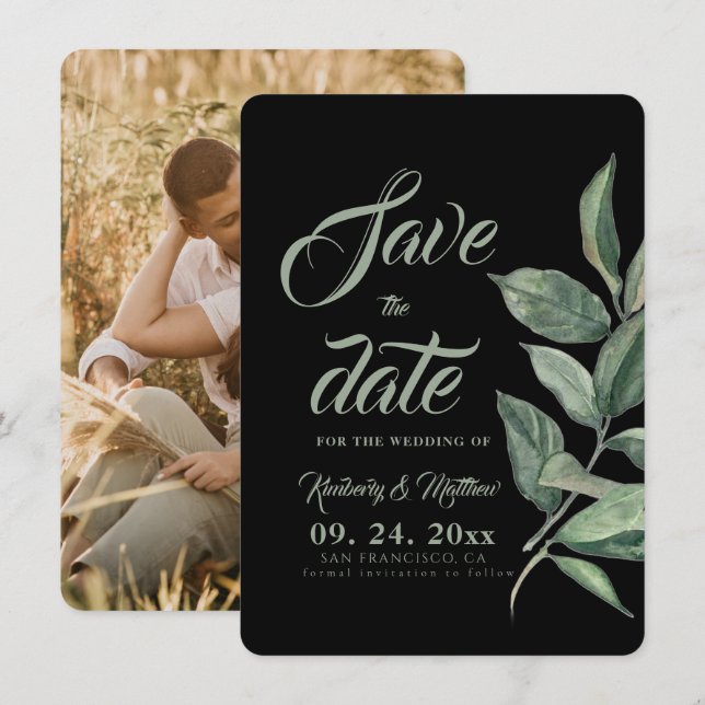 Save The Date Mariage Moderne Épargne Date Black & Sage Greenery (Devant / Derrière)