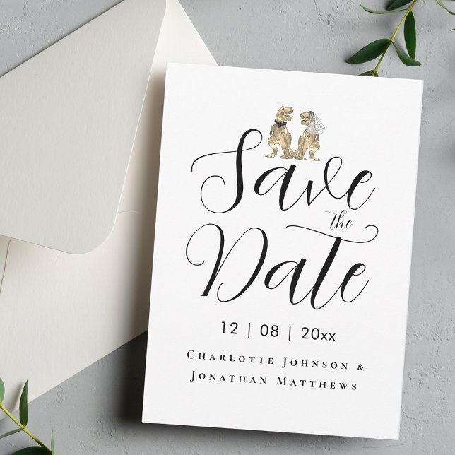 Save The Date Mariage Moderne et Drôle sur le Thème des Dinosaur (Funny dinosaur theme wedding save the date invitation elegant script T-Rex dino bride and groom)